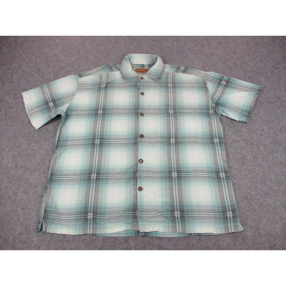 VINTAGE Paragraff Shirt Mens Extra‎ Large Green White Plaid Button Up Pocket